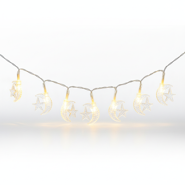Ramadan Eid String Lights Decoration with warm LED moons and stars for festive celebrations.