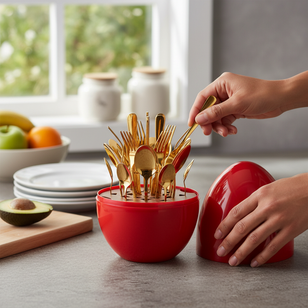 Gold Flatware Set arranged in a stylish red container, showcasing the upscale cutlery collection.