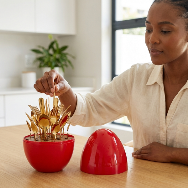 Gold Flatware Set displayed in a stylish red container, with a woman selecting cutlery from the collection.