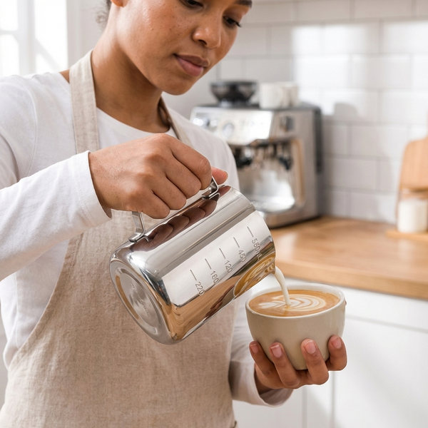 Person pouring frothed milk from Silver Coffee Latte and Milk Frothing Pitcher 550ML into a coffee cup.