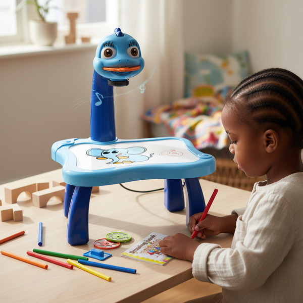 Child using the LED Projector Art Drawing Board for Kids to create art with colored pencils.