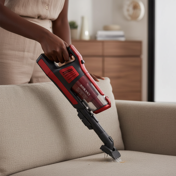 Person using 2000W Handheld & Stick Cordless Vacuum Cleaner to clean upholstery.