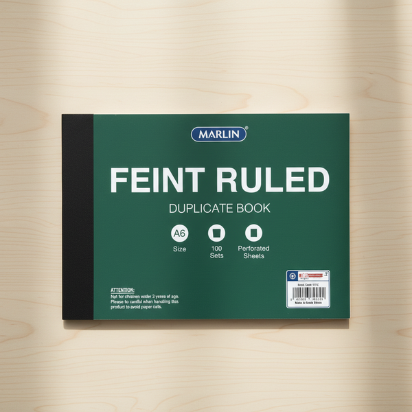 A6 Feint Ruled Duplicate Book Pack on a wooden background with details about size and perfored sheets.
