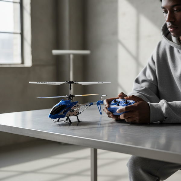 A child operating a Helicopter Channel Remote while seated at a table with a blue mini helicopter.