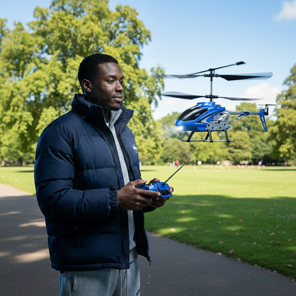A person using a remote control to fly the Helicopter Channel Remote in a park setting.
