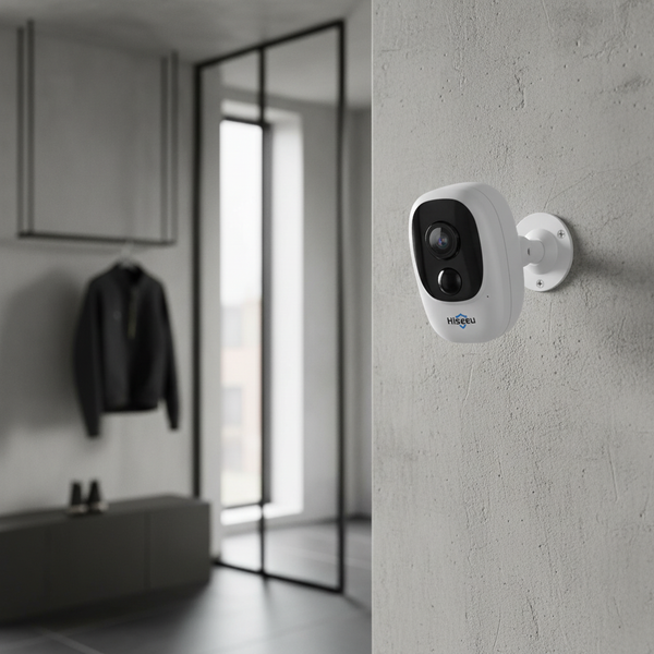 Security Camera 1080P HD Wireless WiFi Rechargeable Battery mounted on a wall in a modern interior.