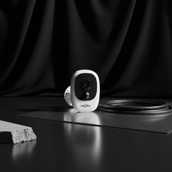 Security Camera 1080P HD Wireless WiFi Rechargeable Battery positioned on a sleek surface with a black background.