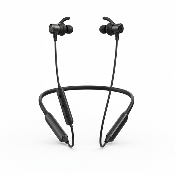 Bluetooth Headphones Wireless Neckband Headset in sleek black design with comfortable ear tips.