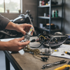 Installing C6 LED Headlight H8 on a vehicle with wiring and tools on a workbench.