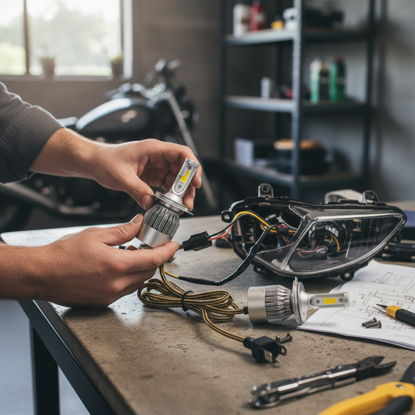 Installing C6 LED Headlight H8 on a vehicle with wiring and tools on a workbench.