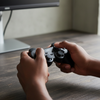 Person holding USB Wired Game Controller while gaming at a desk with a monitor.