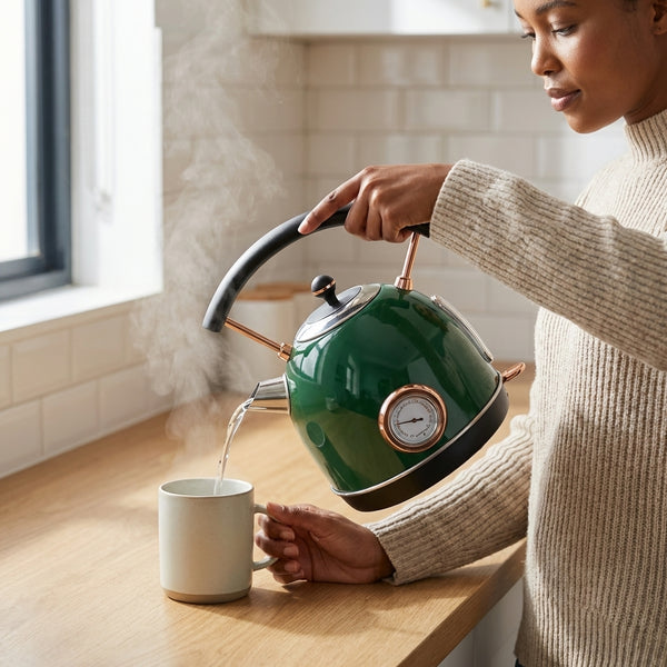 1.7L Stainless Steel Cordless Electric Kettle with Keep Warm pouring water into a mug in a modern kitchen.