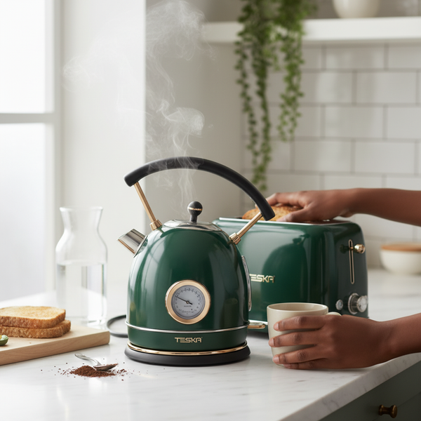 1.7L Stainless Steel Cordless Electric Kettle with Keep Warm brewing tea with steam and toast in a cozy kitchen.