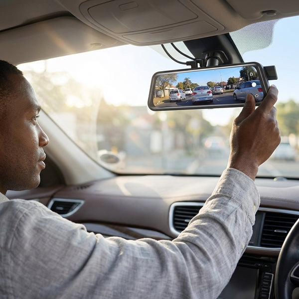 A driver adjusting the view of the 1080P Dual Lens Super Night Vision Dashcam mounted on their vehicle.