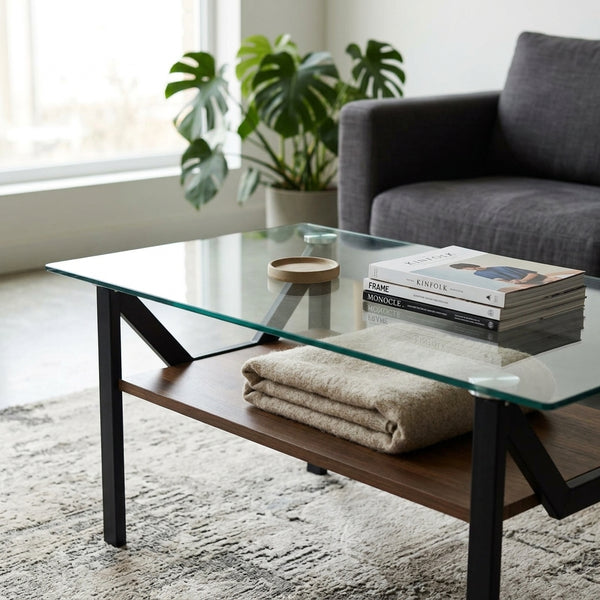 Modern Adjustable 1-Tier or 2-Tier Glass and Wood Coffee Table in a chic living room setting with a cozy aesthetic.