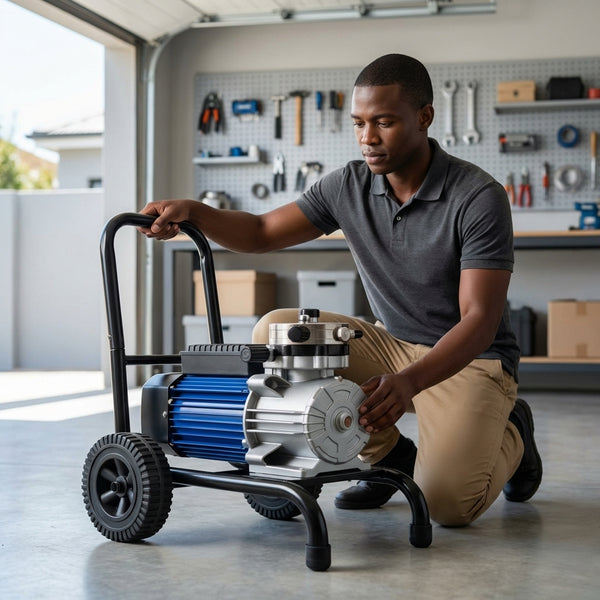 Electric High Pressure Airless Paint Sprayer setup in a garage by a man inspecting the machine.