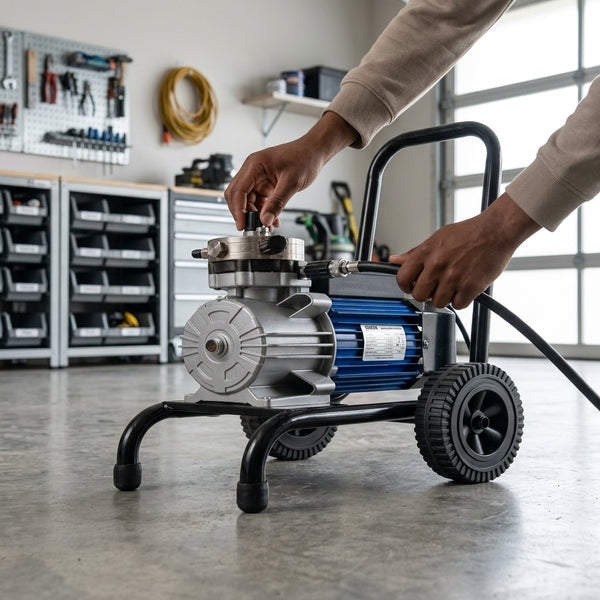 Electric High Pressure Airless Paint Sprayer with hose and wheels for easy transport in workshop.
