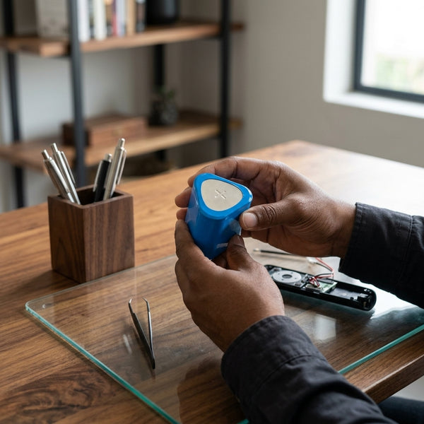 Person holding the BL-21700 Rechargeable 18650 Lithium Battery for review on a desk with office supplies.