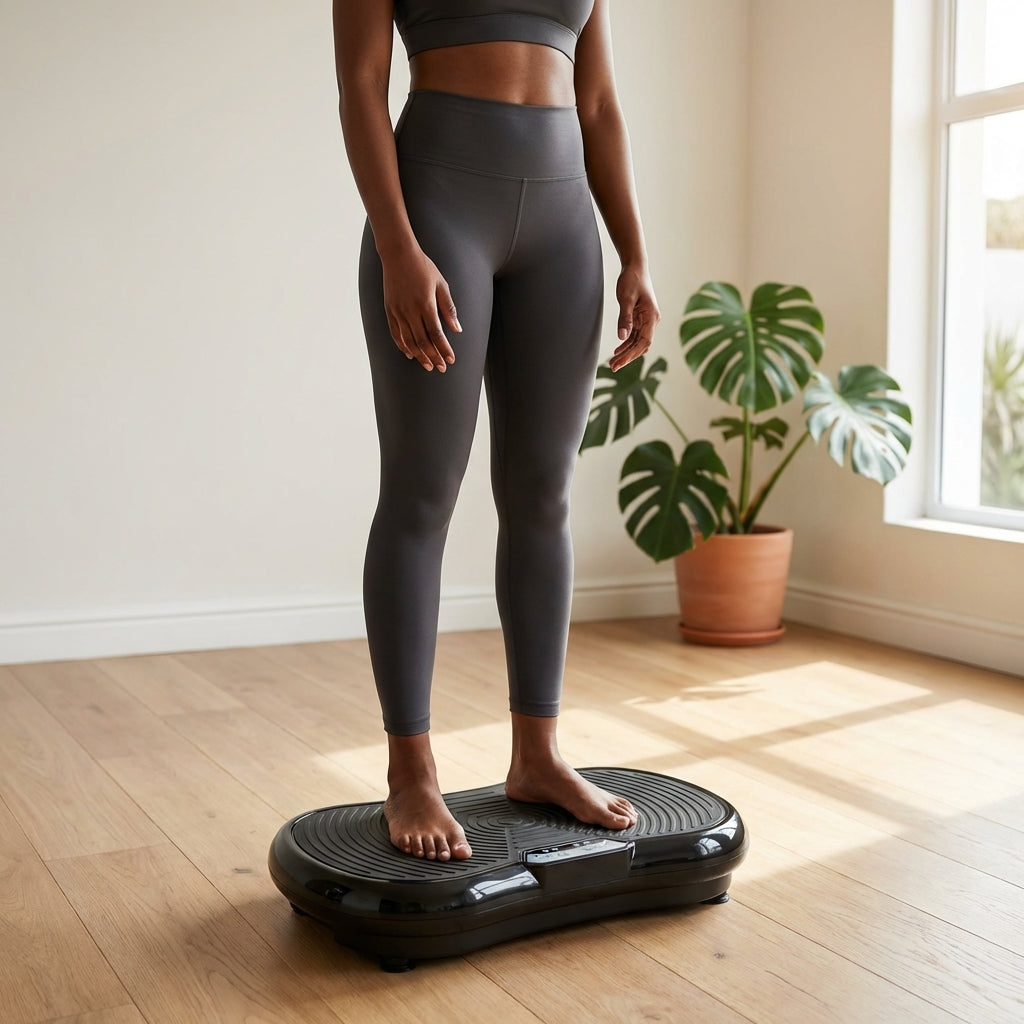 Woman exercising on a Vibration Platform Slimming Exercise Machine in a modern home setting.