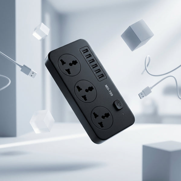 3 in 1 BLD 6USB Port Anti-Static Power Socket with multiple AC and USB ports in a modern setting.