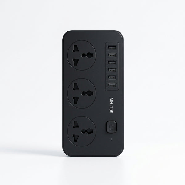 3 in 1 BLD 6USB Port Anti-Static Power Socket with multiple AC and USB ports for organized charging.