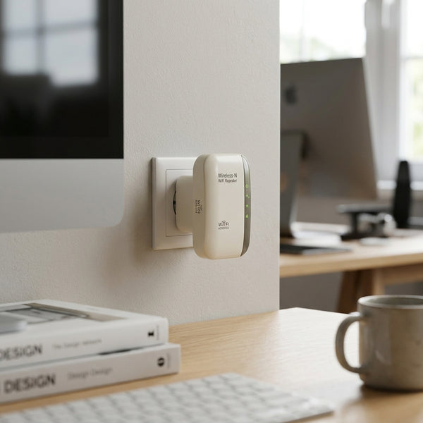 Mini Repeater 300Mbps Signal Amplifier plugged into a wall socket, enhancing internet connectivity in a workspace.