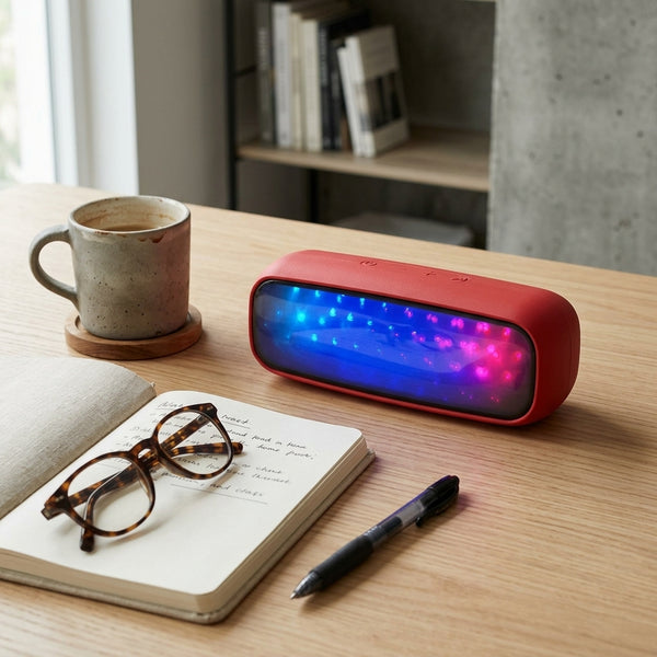 20W RGB Light Wireless Soundbox Speaker on a desk with coffee, glasses, and notebook.