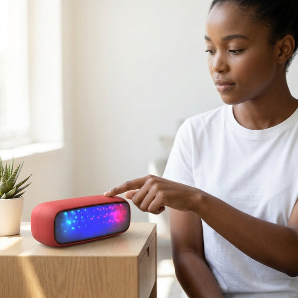 20W RGB Light Wireless Soundbox Speaker with colorful lights placed on a wooden table next to a woman.