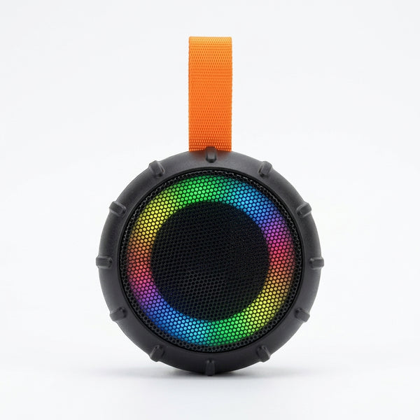 Waterproof IPX5 Portable Speaker with vibrant light display and portable design.