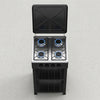 4 Burners Portable Butane Gas Stove with open lid and blue flame burners on a modern kitchen countertop.