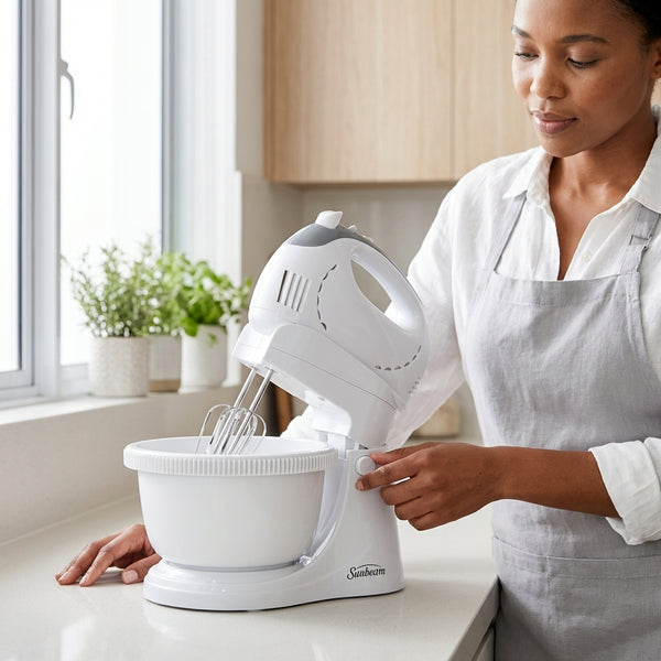 Woman using Electric Stand Mixer with Bowl in a bright kitchen to prepare cake batter.
