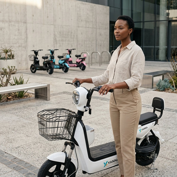 Adult woman standing with a 48V Electric City Bike for Adults in an urban setting.
