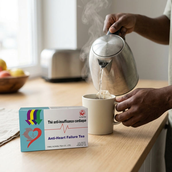 Pouring hot water into a mug with Anti-Heart Failure Herbal Tea box on the table.