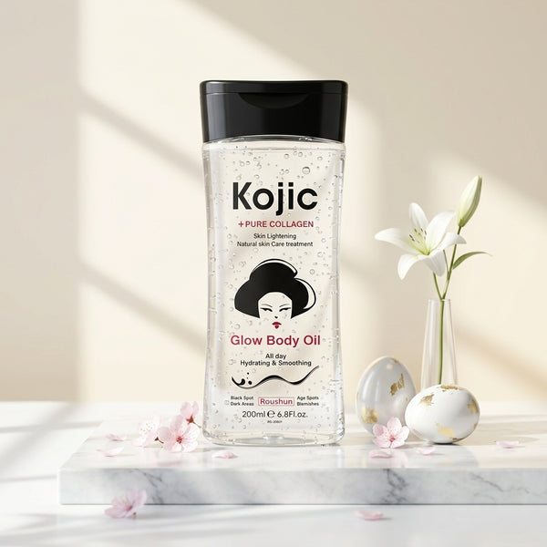 Kojic Pure Moisturising & Nourishing Skincare Lotion in a clear bottle with flowers and eggs, promoting hydration and skin care.