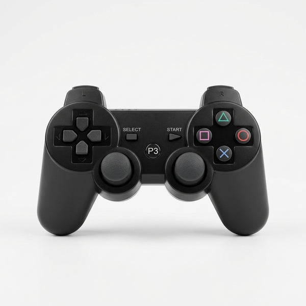 PS3 Wireless Controller + Charging Cable - Black wireless gamepad with buttons and joystick.