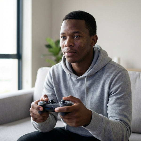 A young man using a PS3 Wireless Controller + Charging Cable while gaming at home.