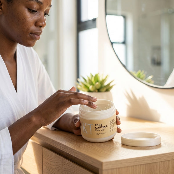 Woman applying Professional Hair Wax Gel Organic Cream from a jar on a wooden table by a mirror.