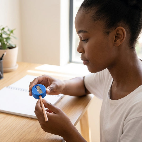 Single-Hole Bulk Plastic Standard Pencil Sharpener in use by a student sharpening a pencil at a desk.