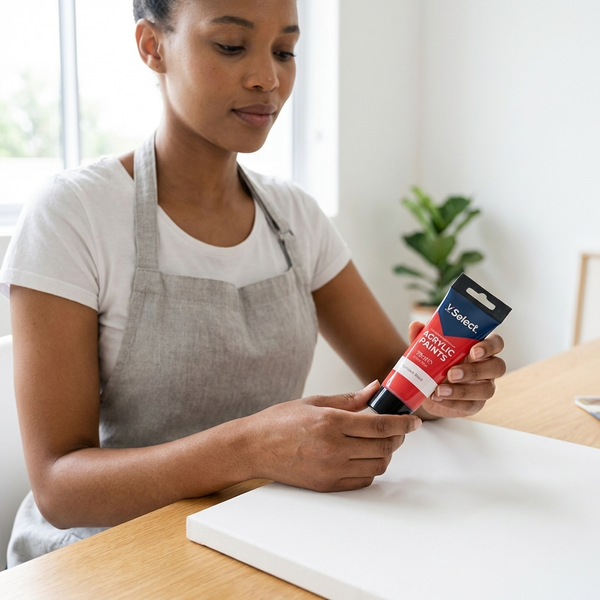Woman holding Acrylic Paint 75ml Crimson Red tube next to blank canvas in an art studio.