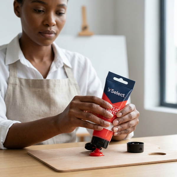 Acrylic Paint 75ml - Scarlet being squeezed from a tube by a woman in an apron, ready for artistic use.