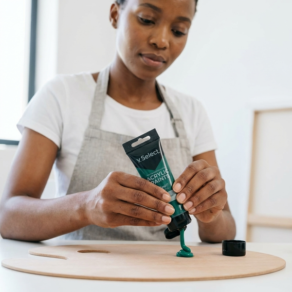 Person pouring Acrylic Paint 75ml - Viridian onto a palette in an art studio.