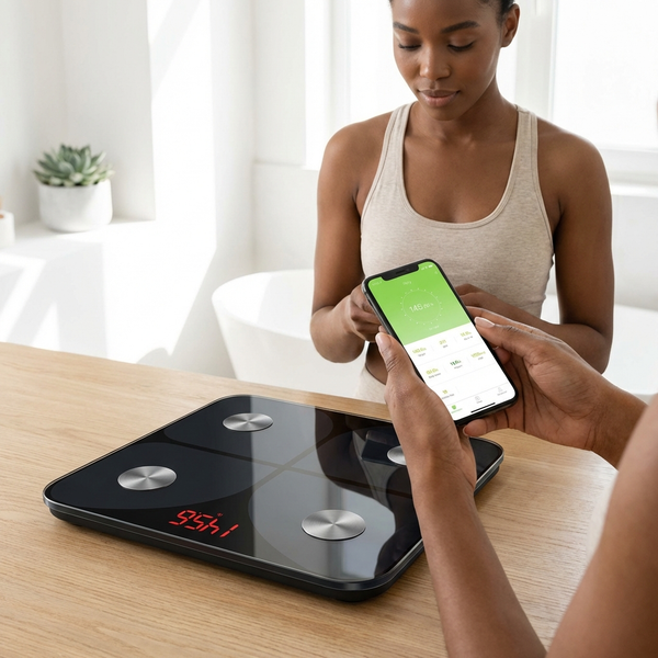 User checking health data on smartphone while using Smart Body Scale in a bright, modern setting.