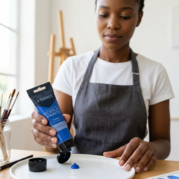 Acrylic Paint 75ml - Cobalt Blue being poured on a plate by an artist in an apron.