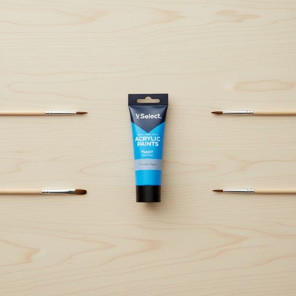 Acrylic Paint 75ml Cerulean Blue tube surrounded by paintbrushes on a wooden surface.
