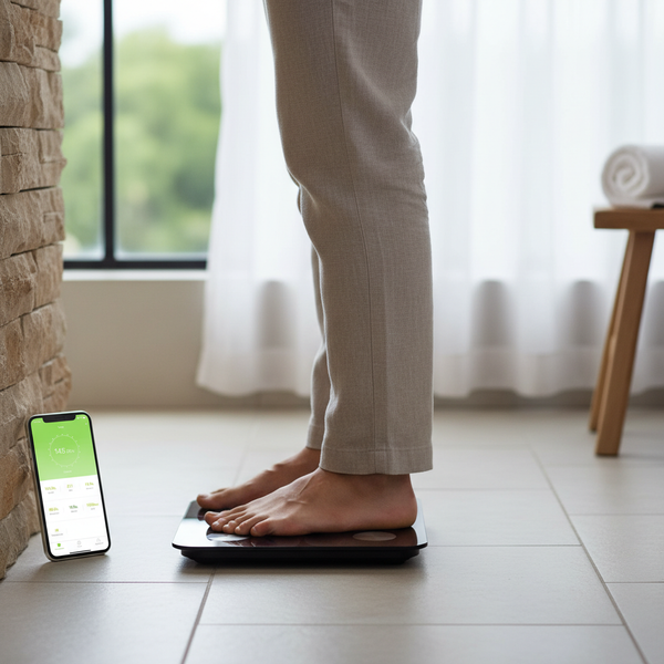 Person standing on the Smart Body Scale while viewing health metrics on a smartphone app.