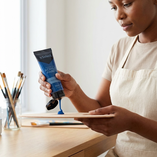 A person using Acrylic Paint 75ml - Phthalocyanine Blue, pouring paint onto a wooden palette with brushes nearby.