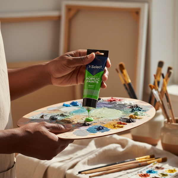A hand holding a tube of Acrylic Paint 75ml - Emerald Green over a palette with mixed colors.