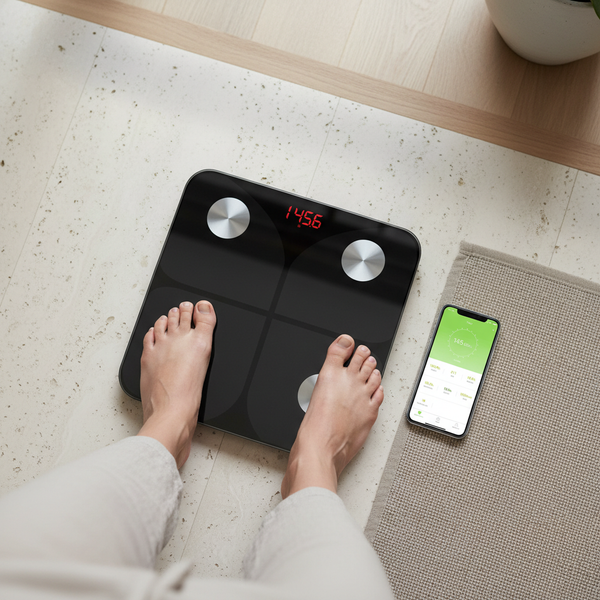Person using a Smart Body Scale to track weight and body composition with a smartphone app.