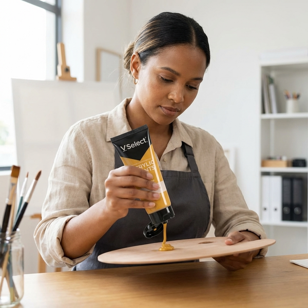 A woman using Acrylic Paint 75ml - Yellow Ochre while creating art on a wooden palette.