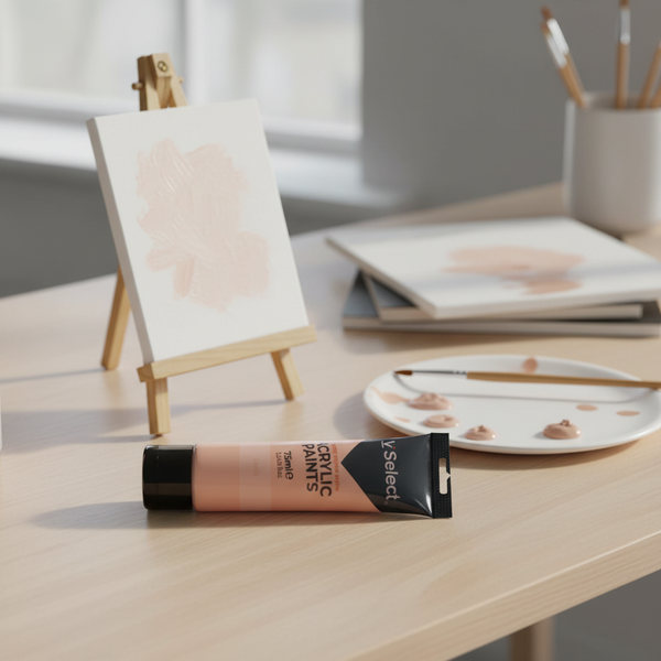 Acrylic Paint 75ml - Flesh on a wooden table with an easel and palette, showcasing art supplies.